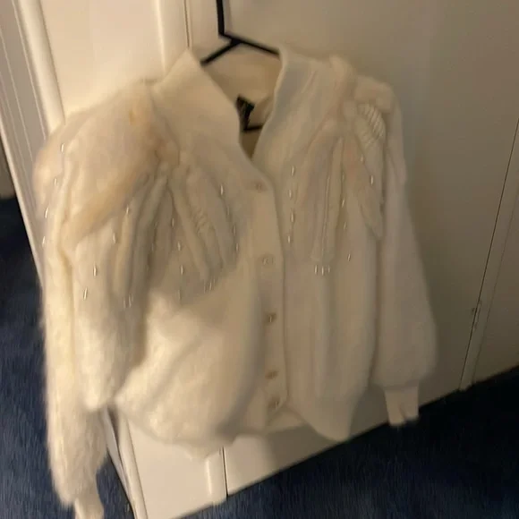 White Textured Knit Cardigan with Ribbed Details - Picture 6 of 6